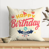 Happy Birthday printed cushion gift in square shape, ideal for birthday celebrations.